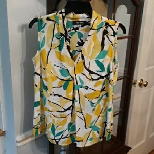 Nine West Women's Sleeveless Leaf Print Top - Yellow, Green, Black, size Small